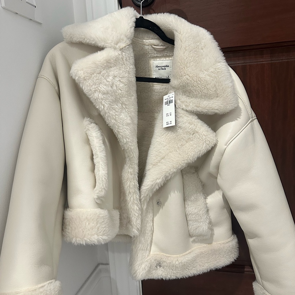 Abercrombie & Fitch Oversized Shearling Sherpa lined Jacket in white